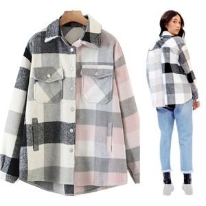 Plaid Shacket Plat Button Down Jacket pink and Black gray
